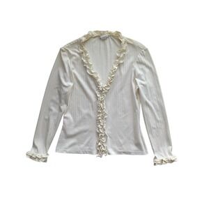 Vintage Y2K Cache Ruffle Zip Front Top Womens Large Cream Knit Fairy Cottagecore